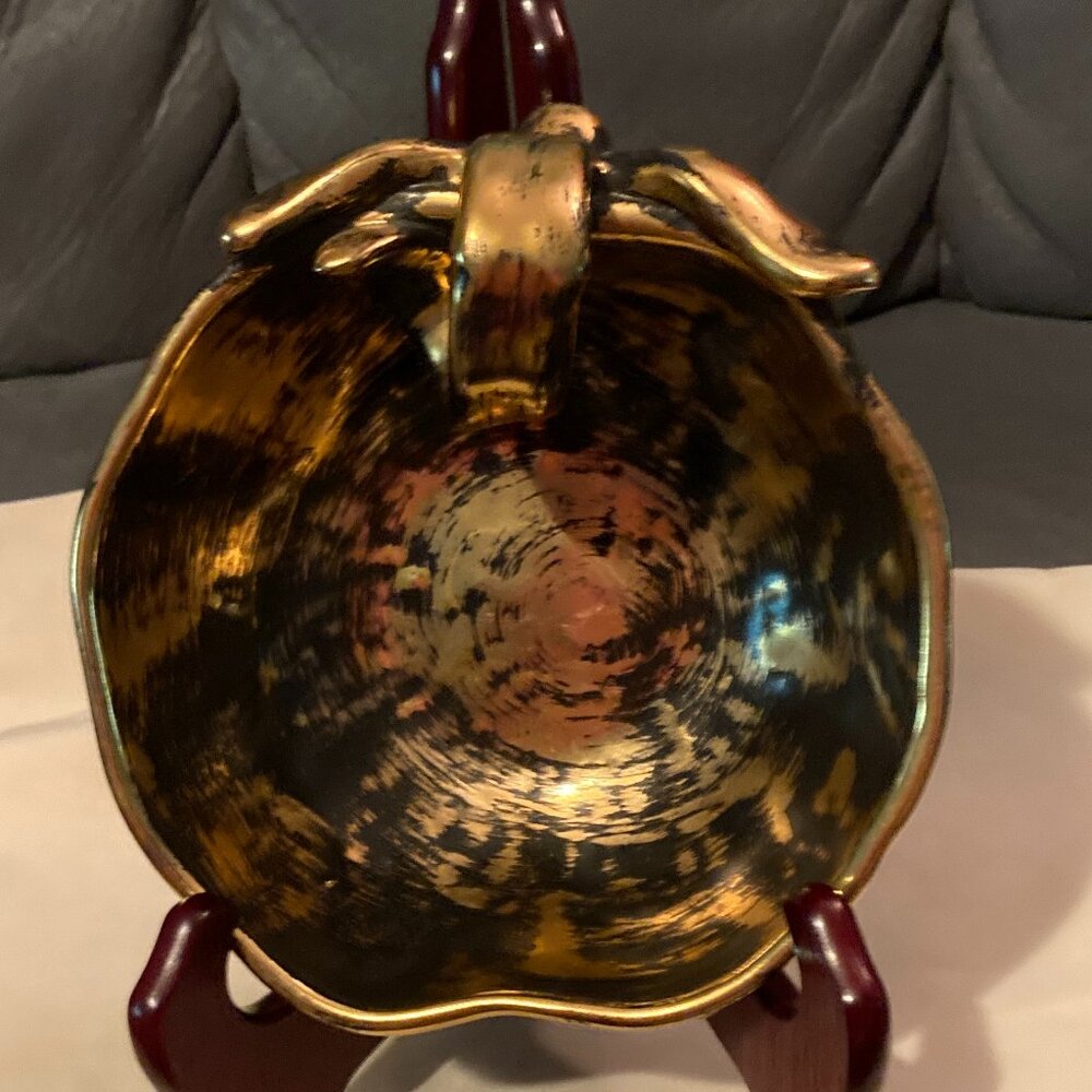 VTG 1970's Stangl Pottery 22 KT Black/Gold Apple Shaped Bowl 6" W & 3" H-EUC